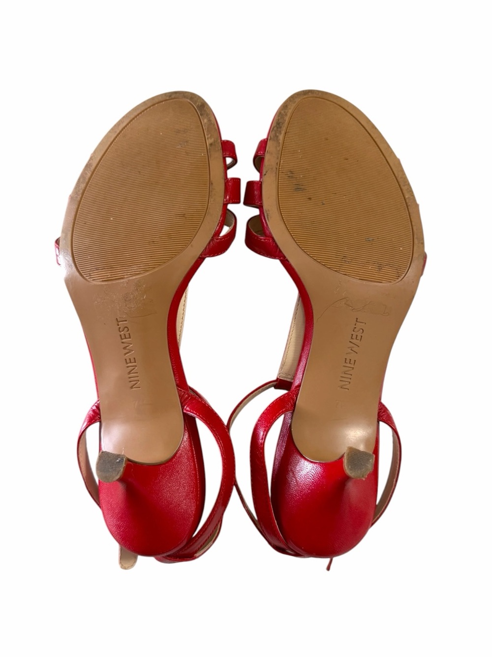 Nine West Red Leather T-Strap Kitten Heel Sandals - Picture 5 of 7